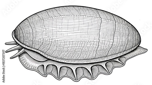 A detailed illustration of a seashell with intricate patterns and textures.