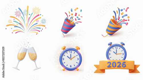 3d New Year 2026 Celebration Icon Set