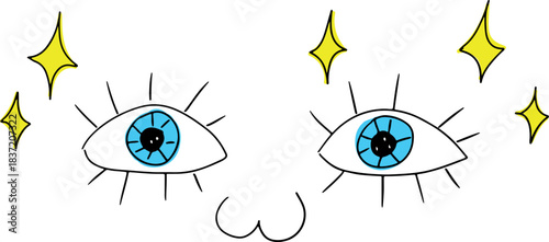 Blue eyes with eyelashes and a contented smile, surrounded by golden sparkles, drawn with black, crooked, grunge lines
