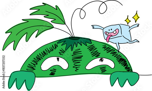 A peeking green funny striped watermelon slyly looks at a piece of sugar dancing on it