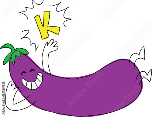 A funny purple happy smiling eggplant lies on its back and holds vitamin K potassium, drawn with crooked grunge lines