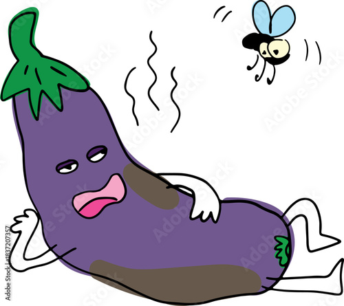 A purple, spoiled eggplant with spots stinks, lies there, opens its mouth in displeasure and looks at the flies, drawn with crooked grunge lines