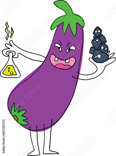 A disgruntled, funny purple eggplant with a sly face stands and holds a bottle of yellow acid and stones in his hands, drawn with crooked grunge lines
