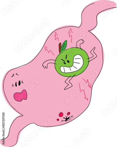 An evil smiling green apple with a face in a frightened stomach runs to the ulcers, drawn with crooked grunge lines