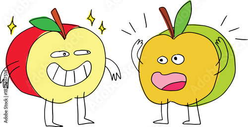 A funny cut red smiling apple with a face and a green cut darkened surprised apple looking at each other, drawn with crooked grunge lines