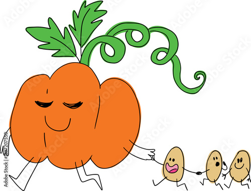 фотографія A funny orange smiling pumpkin walks and holds the hand of its seeds that follow