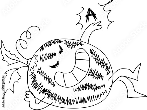 A funny smiling striped watermelon lies down and holds a vitamin A in his hand, drawn with crooked grunge lines
