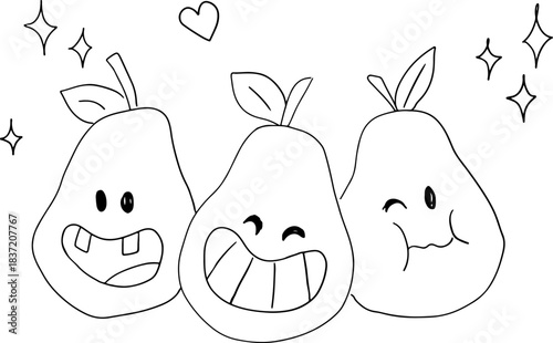 Three funny cute pears with big mouths and wide smiles looking at the camera, drawn with crooked grunge lines