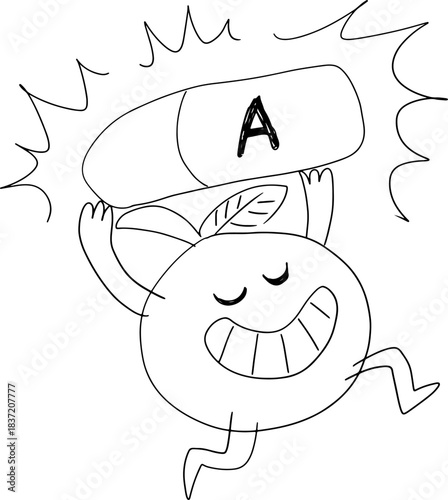 A funny happy smiling apple walks and holds a vitamin A pill above itself, drawn with crooked grunge lines