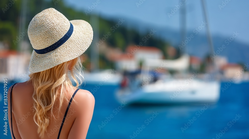 Fototapeta premium Tourist wearing sun hat looking at sailboats in the bay