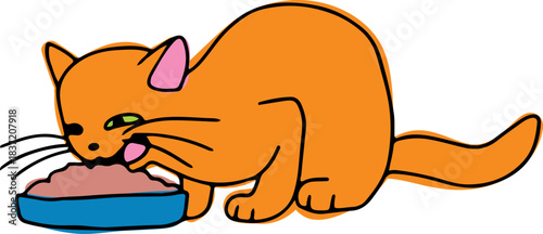 A cute funny ginger cat sits and eats food from a bowl, drawn with crooked grunge lines