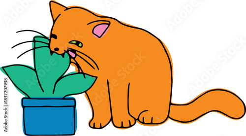 A cute funny ginger cat sits and chews on a leaf of a green houseplant, drawn with crooked grunge lines