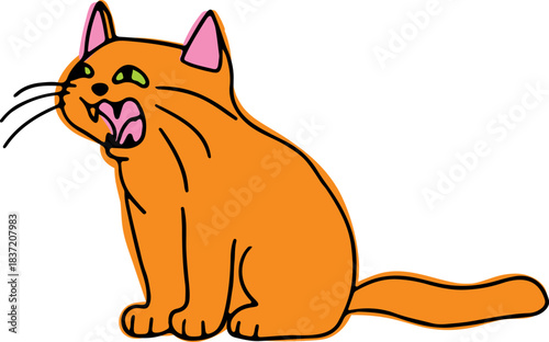 A funny cute ginger cat sits and meows with its mouth open, drawn with crooked grunge lines