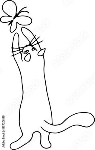A cute cat stands on its hind legs and catches a flying butterfly, drawn with crooked grunge lines