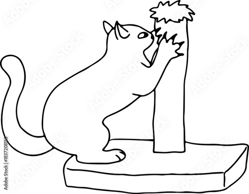 A cute cat stands and sharpens its sharp claws on a scratching post, drawn with crooked grunge lines