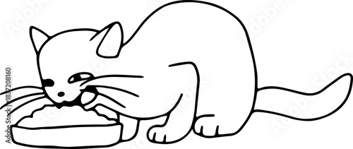 A cute cat sits and eats from a bowl with squinted eyes, drawn with crooked grunge lines
