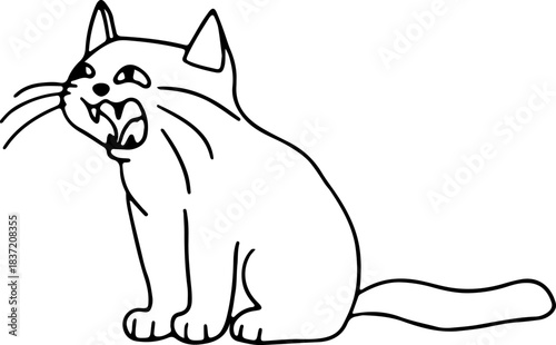 A funny cute meowing cat sits and meows indignantly, drawn with crooked grunge lines