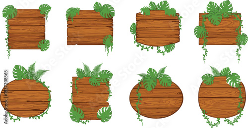 Tropical Wooden Signboard Collection with Jungle Greenery and Monstera Leaves, Vector Templates for Summer Advertising and Nature-Themed Banners on White Background.