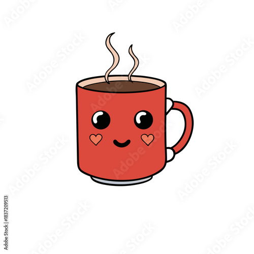 Cute kawaii red coffee cup with heart cheeks and steam isolated on white background