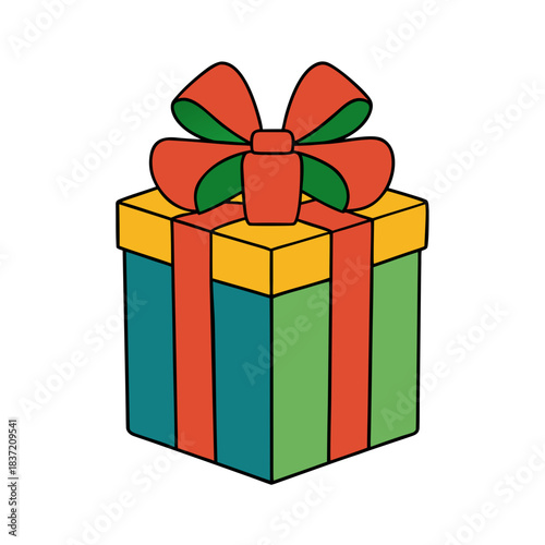 Colorful gift box with red bow isolated on white background