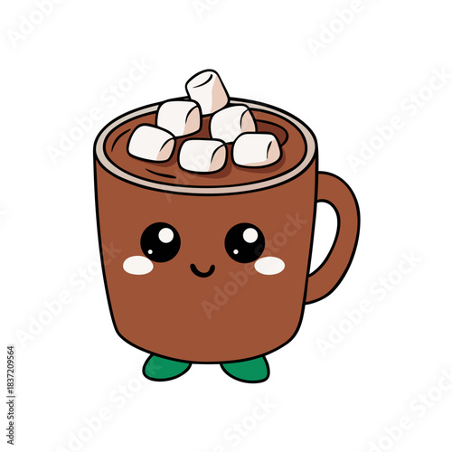 Cute kawaii hot chocolate mug with marshmallows isolated on white background