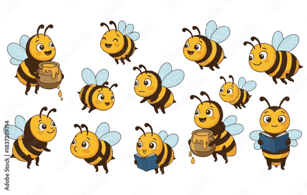 Fototapeta premium Set of cartoon bee mascot. A small bees flying on a dotted route. Wasp collection. Vector characters. Incest icon. Template design for invitation, cards. Doodle style