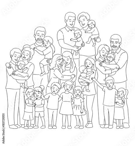 A large, happy multi-generational family gathering, with adults, children, and babies, in a simple line art style for coloring.