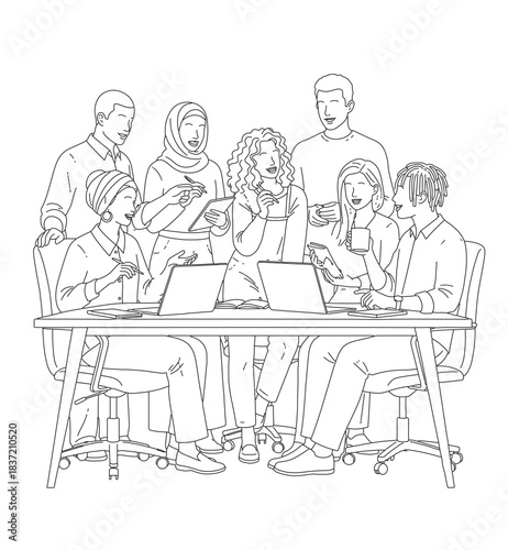 A diverse group of professionals collaborating and discussing around a table with laptops in a meeting.