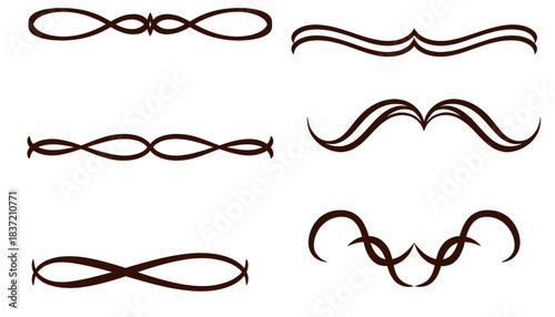 Set of Six Elegant Dark Brown Outline Vector Ornaments and Decorative Text Dividers, Featuring Swirls, Curls, and Infinity Symbols for Vintage and Calligraphic Design Elements.