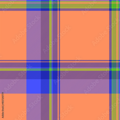 Home textile pattern plaid, knot vector background tartan. Advertisement fabric check texture seamless in blue and orange colors.