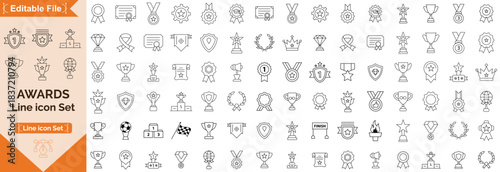 Awards icon set. containing badge, trophy, certificate, and more. Outline Icon Collection. Editable stroke. Vector illustration