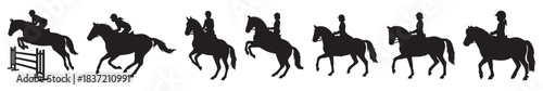 A sequence of black silhouettes depicting horses and riders performing various equestrian activities including jumping, galloping, rearing, and walking.