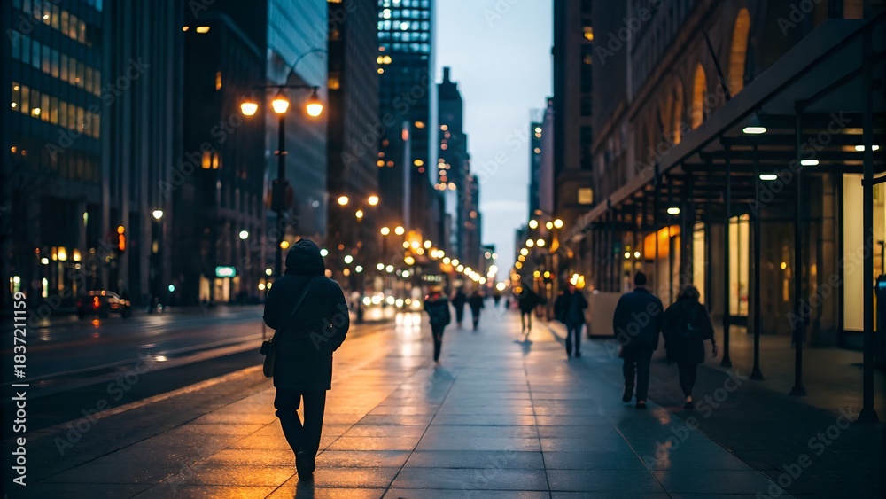 Obraz premium City Street At Dusk With Pedestrians Walking Under Lamplight Reflections On Wet Pavement