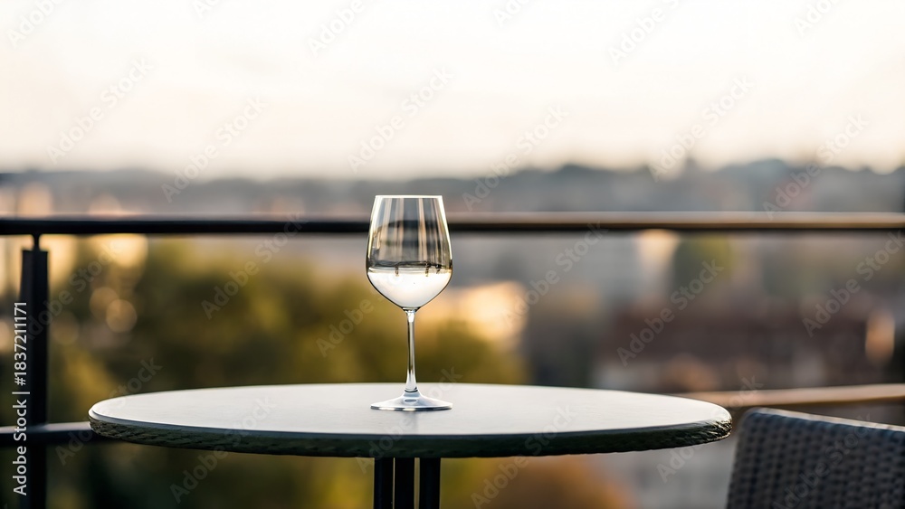 Obraz premium Clear Glass of White Wine on Round Table with Blurred Cityscape Background at Golden Hour
