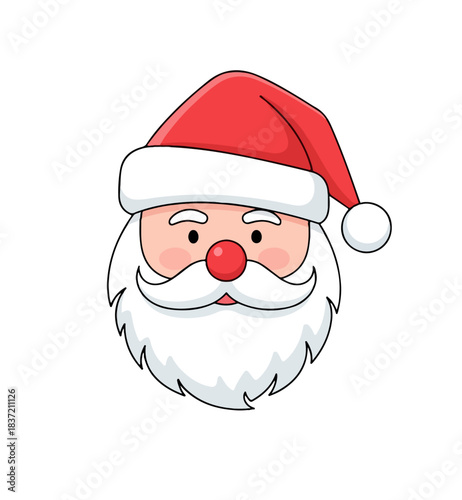A cartoon illustration of Santa Claus's head with a red hat, white beard, and rosy cheeks, isolated on a white background.