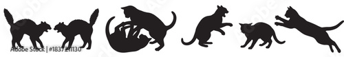 Photography Collection of black cat silhouettes in various dynamic poses, including playful interactions, arched backs, and jumping movements