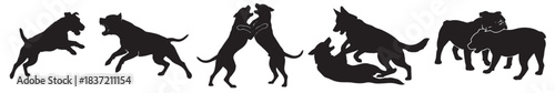 Silhouettes of various dogs in different dynamic poses, including jumping, barking, playing, and fighting, against a white background.
