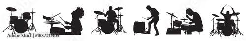 Silhouettes of drummers playing various drum kits in different dynamic poses, illustrating musical performance.