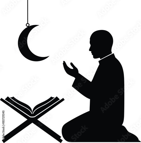 Muslim man praying with Quran icon qibla direction Islamic prayer vector silhouette for Ramadan observance