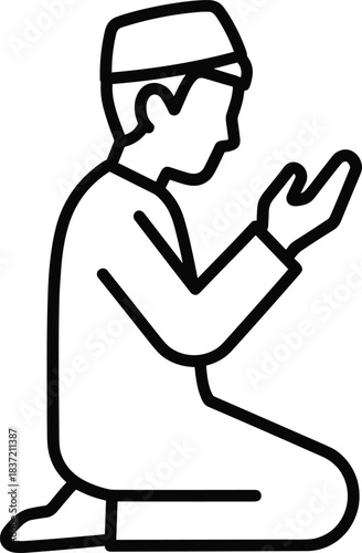 Muslim man praying in sujud position, a devout muslim pray icon, showcasing spiritual devotion and qibla direction