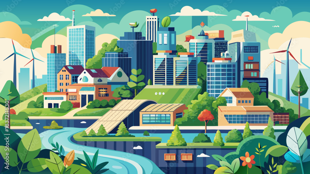 Naklejka premium Green city, new nature. Flat vector harmony.