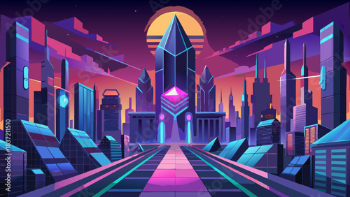 Retro-futurist neon cityscape with bold geometry in a cohesive vector style