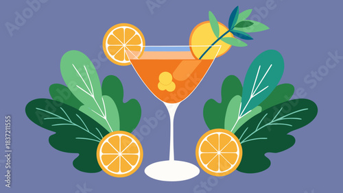 Botanical cocktail in a crisp vector style with herbal garnishes and gradient depth