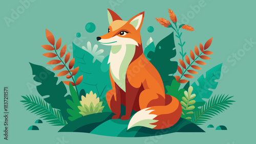 Nature-inspired fox among ferns and orchid in flat vector elegance