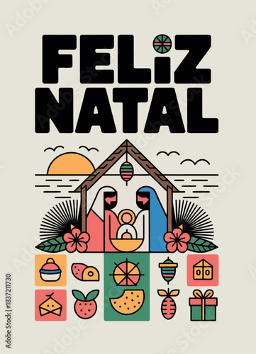 Feliz Natal Christmas Greetings with Gifts and Fire