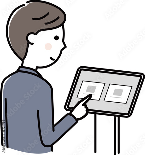 無人受付システムを操作する男性