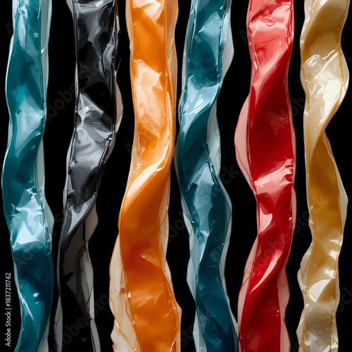 Abstract glossy ribbons of vibrant colors flow vertically against a stark design