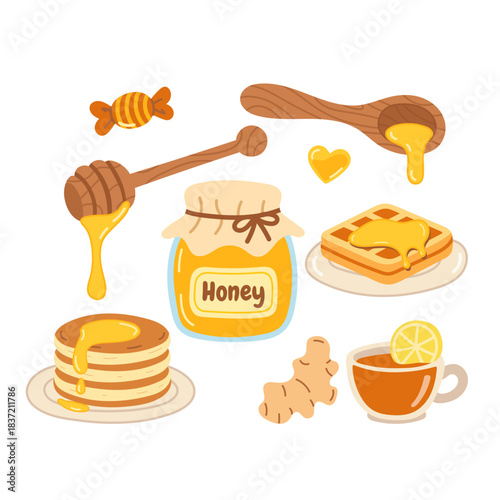Cozy breakfast illustration with honey jar, pancakes, waffle, ginger, candy, spoon and tea. Warm hand drawn food set perfect for packaging, menus, recipe design and branding.