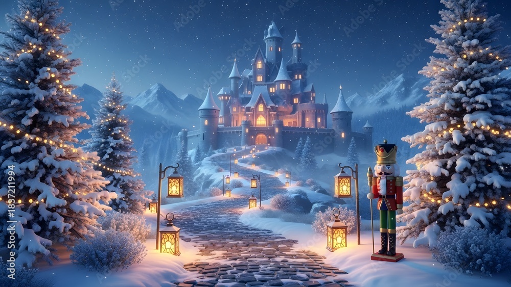Fototapeta premium Winter Fairytale: Magical Nutcracker Castle on Snowy Christmas Night
