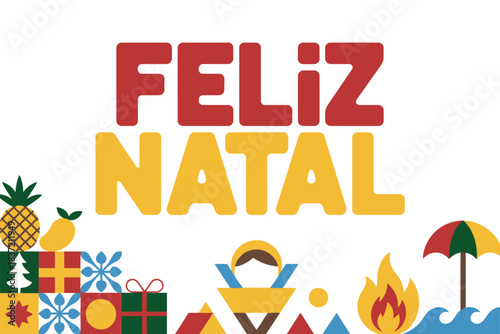 Feliz Natal Christmas Greetings with Gifts and Fire